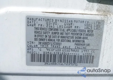 2020 Nissan Sentra Sv Xtronic Cvt z USA, uszkodzony, nr VIN 3N1AB8CV1LY239591